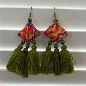 Green Bohemian Tassel Earrings with Floral Accents